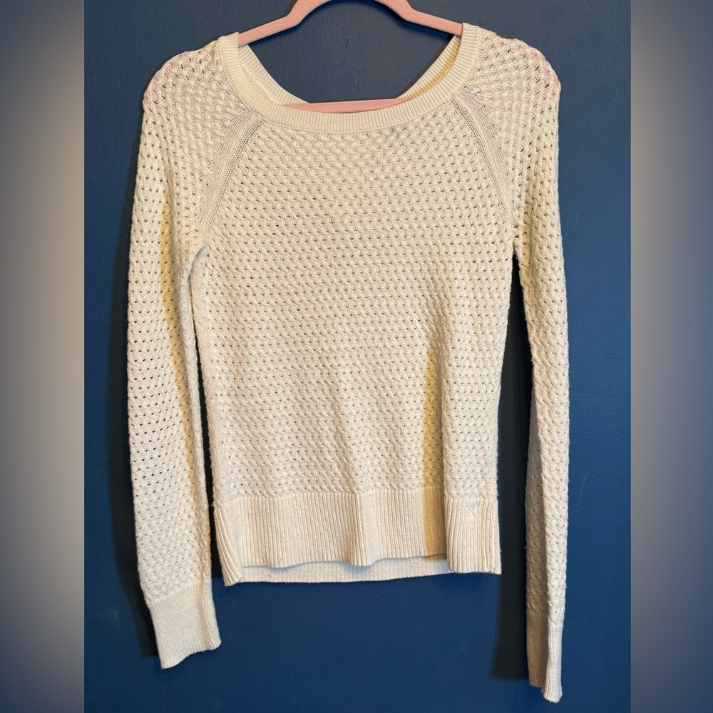 American Eagle Cream Pointelle Knit Sweater XS Scoop Neck Back Zip Balletcore